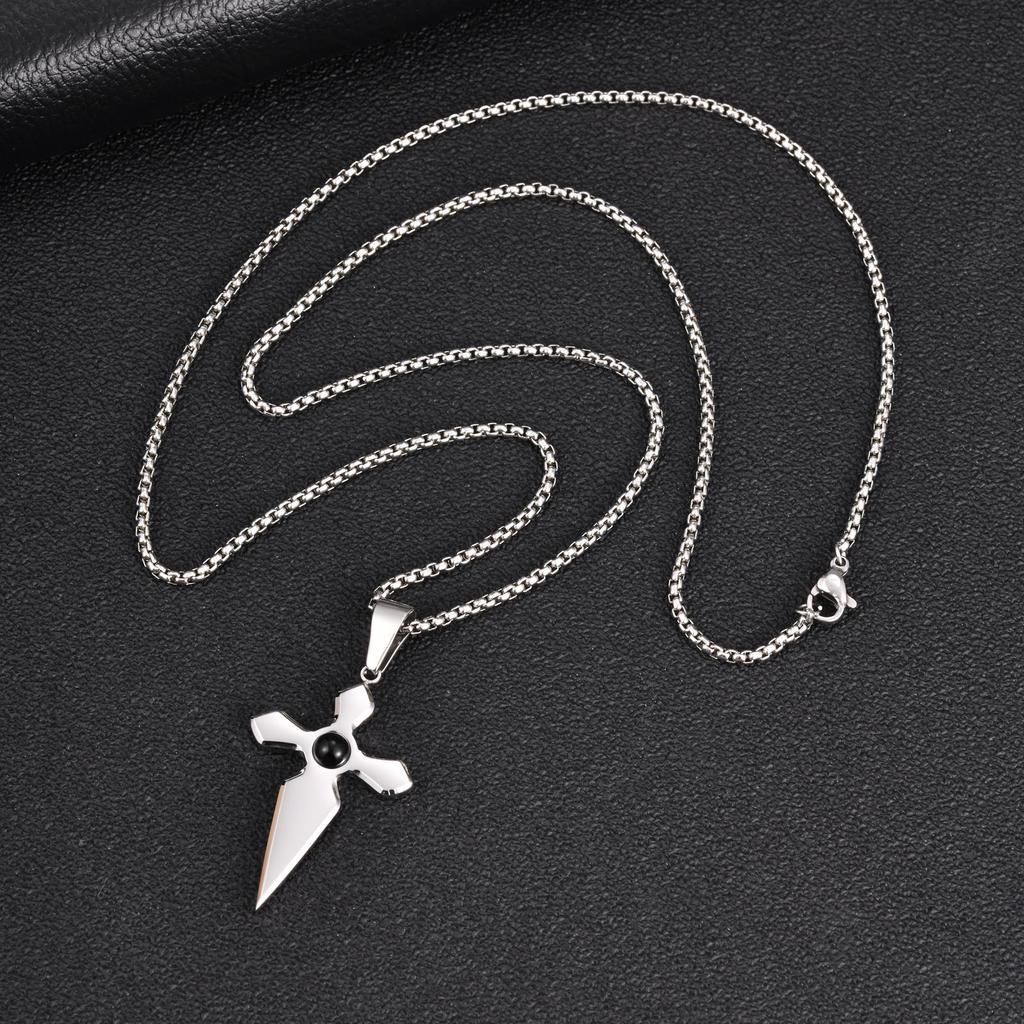 Vnox Cross Pendant Necklace for Men Boys, Gold Silver Color Stainless Steel Black Onyx Inlay Box Chain Punk Hip Hop Jewelry Gift