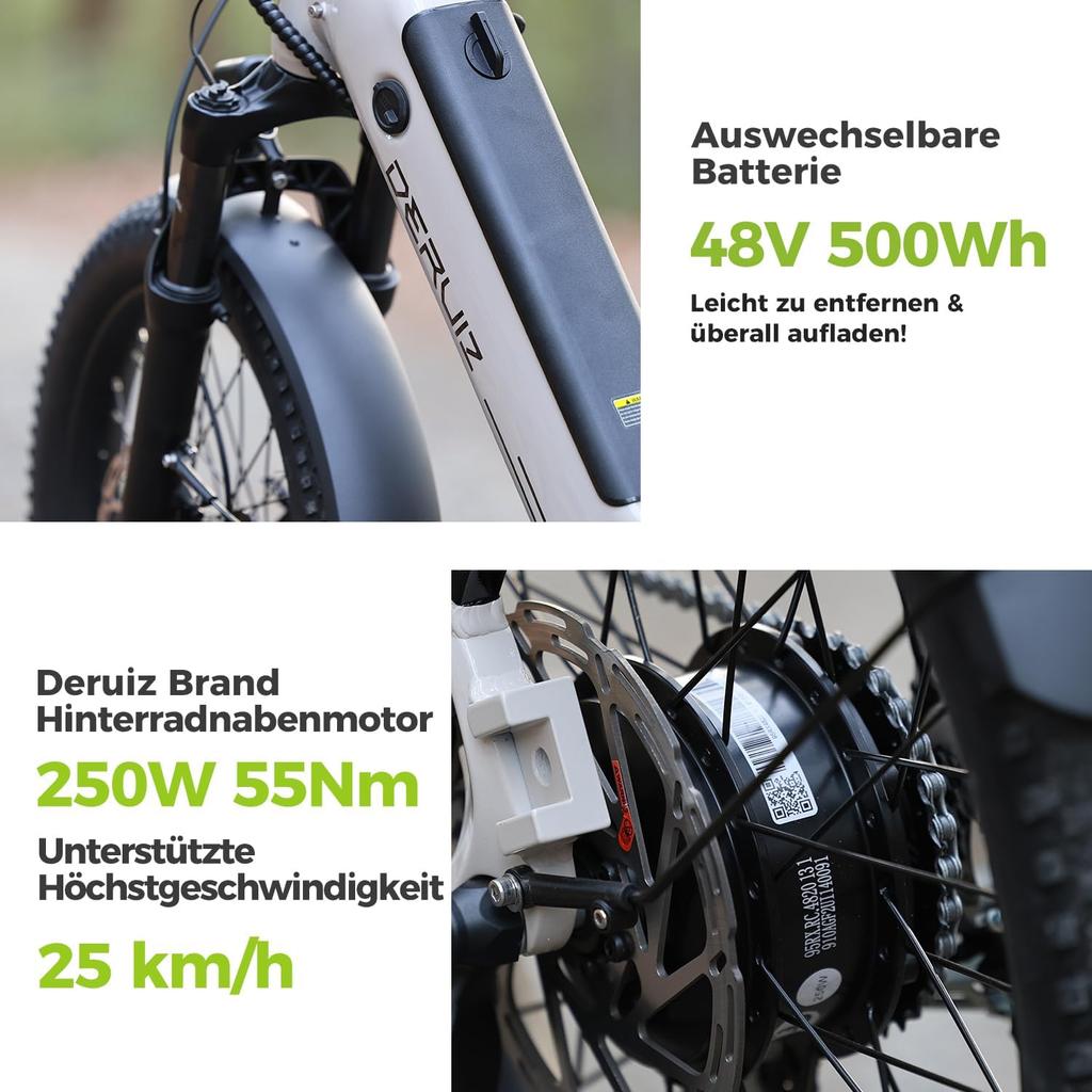 DERUIZ E-Bike Peridot 2.0 Fold 20x3.0 Zoll 48V 500Wh Akku, 8-Gang, Hydraulische Bremsen, Neues Stoßdämpfendes Sitzpolster, Bis 150 KM