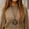 Round Sweater Chain Wooden Necklace Female Jewelry Vintage Leather Lanyard