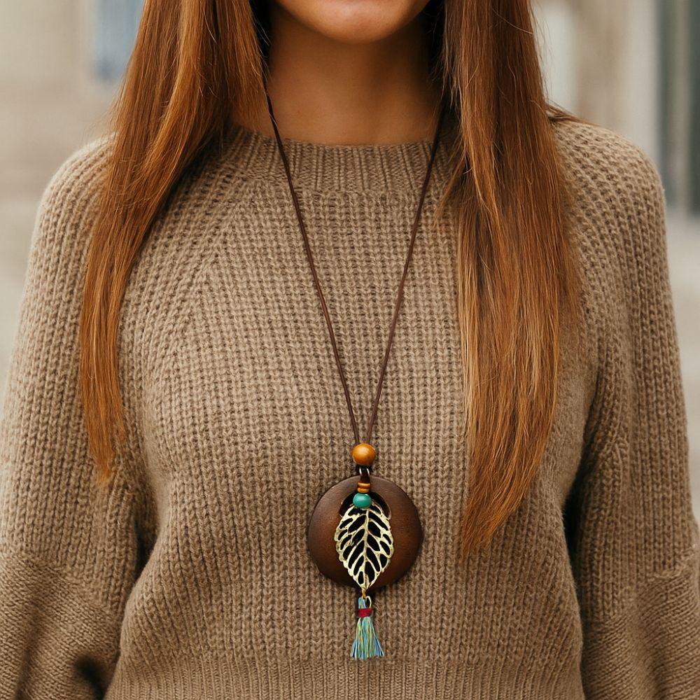 Round Sweater Chain Wooden Necklace Female Jewelry Vintage Leather Lanyard