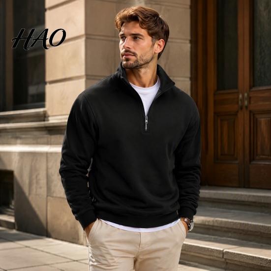 Outdoor Fitness Clothing Mens Quarter Zip Sweatshirt, Stand Collar Athletic Fleece Pullover, Ribbed Hem Cuffs, Casual Streetwear Hoodie Long