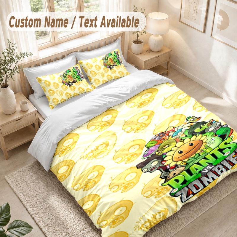 Plants Vs. Zombies Bedding Set, 1 Duvet Cover & 2 Pillowcases Soft Comfortable Bedroom Home Textile Decor