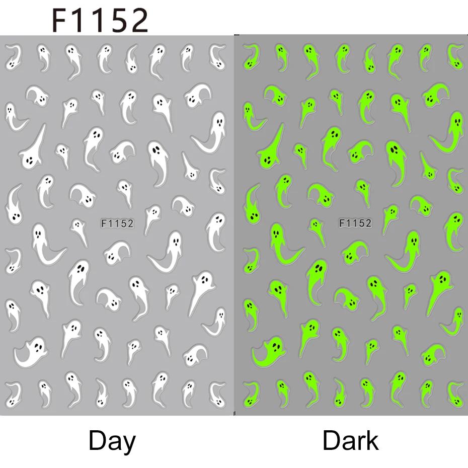 2pcs Luminous Halloween Spooky Nail Stickers White Ghost Pumpkin Design Decals Glow In The Dark Manicure Nail Art Decorations