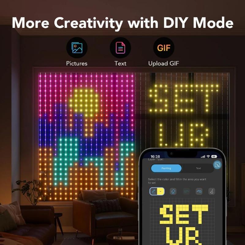 Smart Curtain Lights RGB LED String Bluetooth App Control Waterproof Fairy Lights USB DIY Text Pattern Display for Party Decor