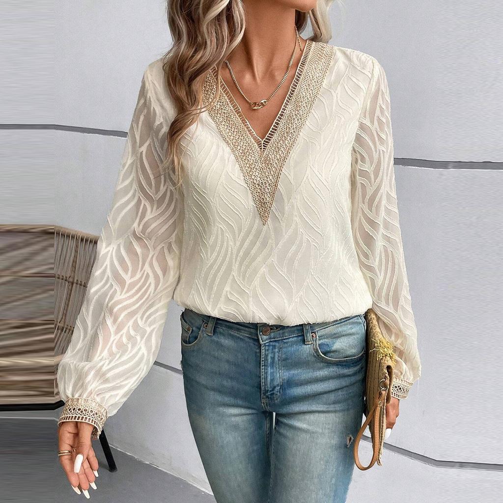 Dámský top s V-výstřihem, krajkový šifonový, módní, elegantní, s dlouhým rukávem, tričko, halenka