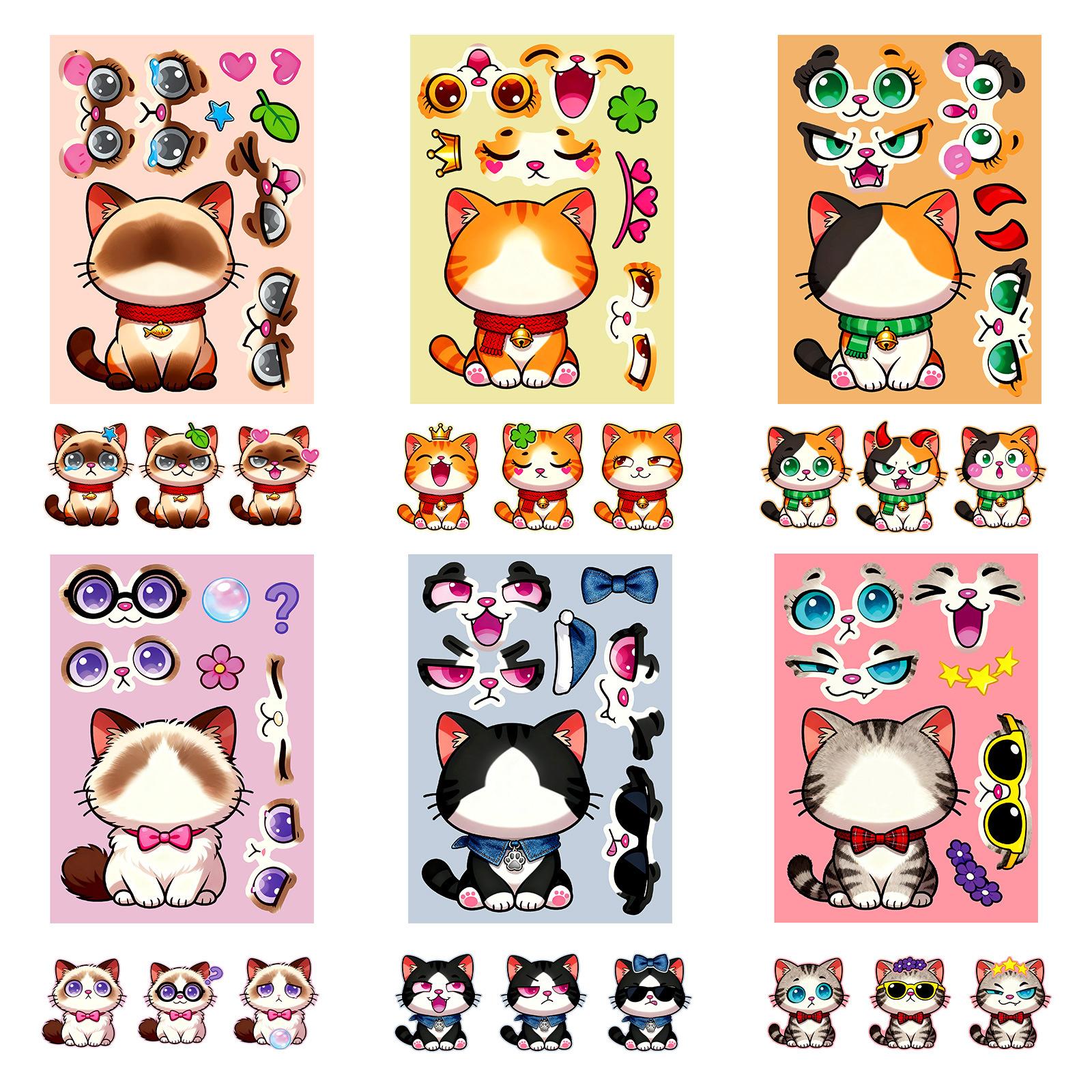 

6/12 Pcs Large Cartoon Cat Full Body Make A Face Puzzle Stickers DIY Brain Game for Fridge Stationery Box Notebook Guitar Desk