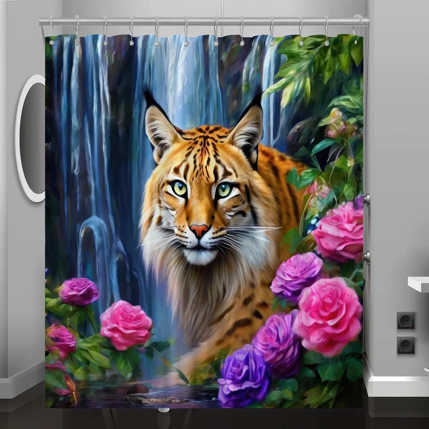 

Cute Tiger Forest Leopard Digital Print Waterproof Bathroom Partition Curtains With Hooks Bathroom Decoration W60H190(CM)-1 Pcs