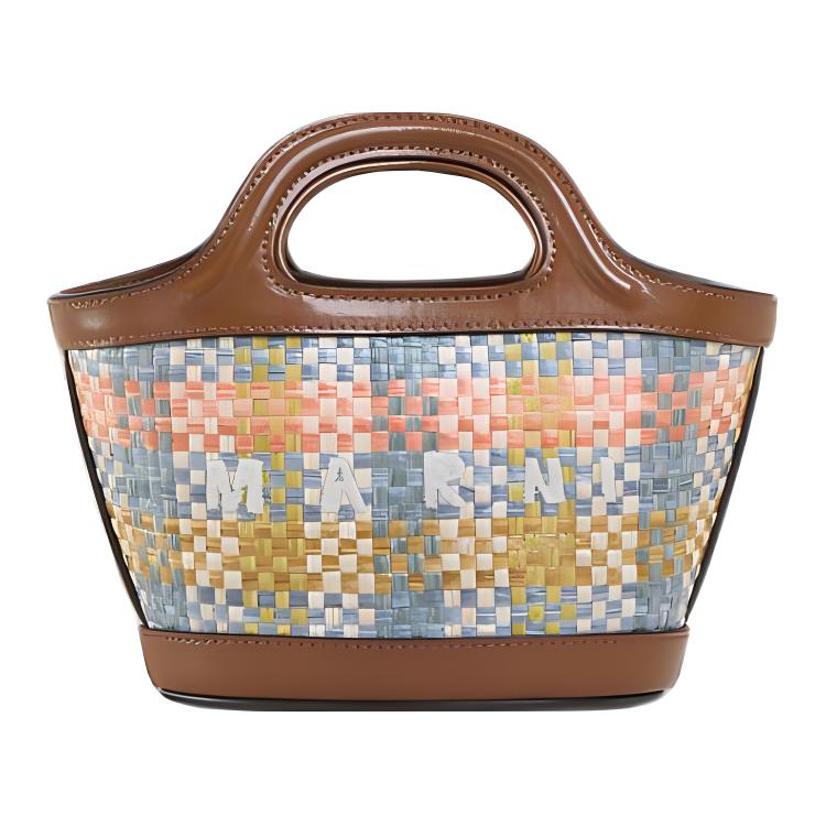 Marni Tropicalia Afneembare Verstelbare Schouderband Geborduurd Geruit Raffia Leer Handheld Schouder Crossbody Tas Mini BMMP0096U5P6744ZO754 Basic Set (Bag+Dust Bag)
