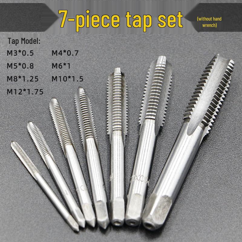High-Speed Steel Taps & Dies Set: 5, 6, 7, 9-Piece with Tap Wrench and Threading Drill Bits.