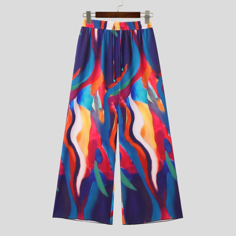 

INCERUN мужские весенние эластичные талии красочные полосатые длинные брюки повседневные расклешенные брюки 3XL синий