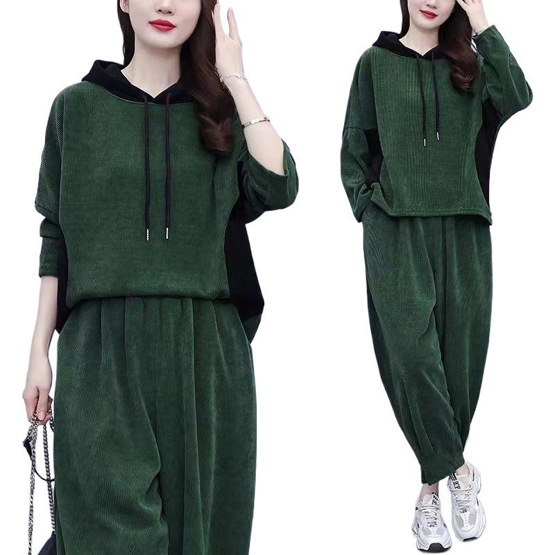 Autumn Plus Size Hooded Corduroy Fashion Set - Slimming Two-Piece for Casual Wear