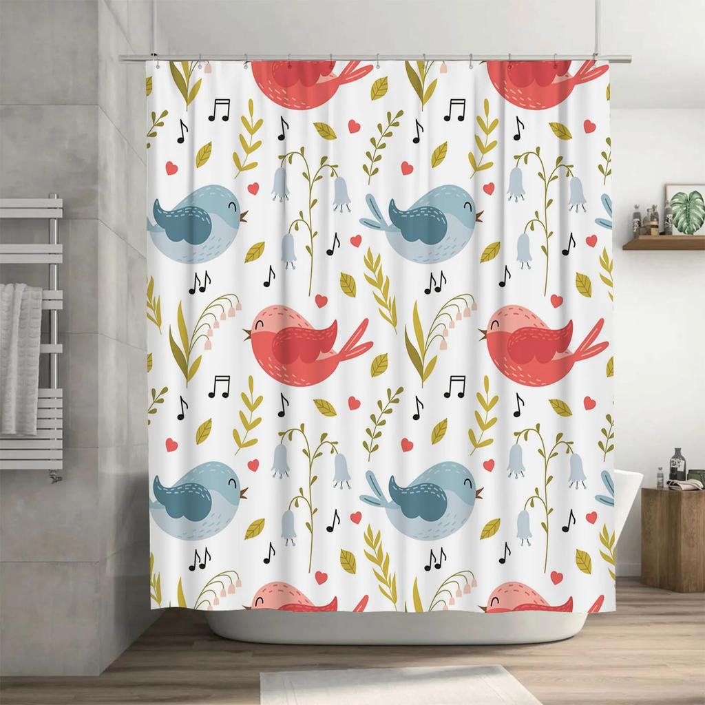 Modern Style Flower Bird Printed Shower Curtains Waterproof Bathroom Decor Pink White Yellow Blue Flowers Birds Bath Mats