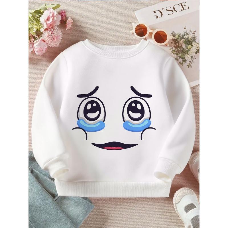Kids Crewneck Sweatshirt, Cute Smiley Crying Face Tear Drop Graphic Print 110 белый