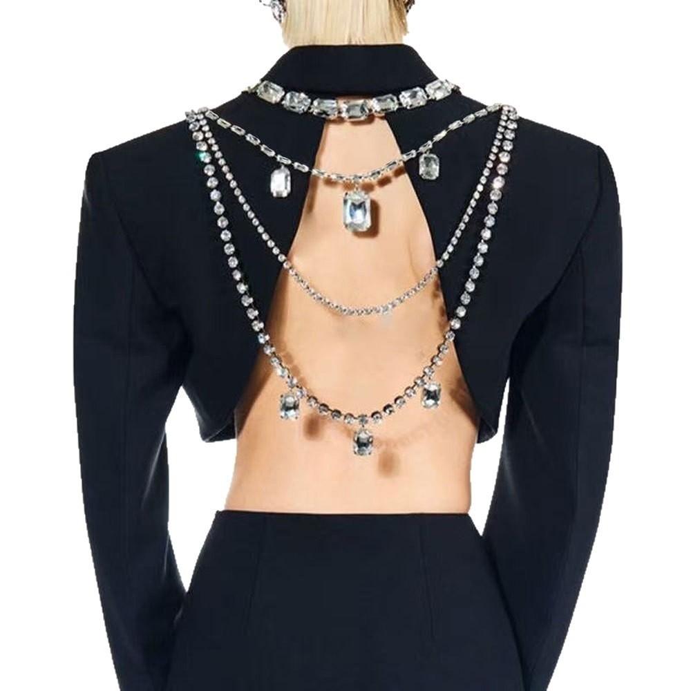 Tassels Shoulder Chain Necklace Big Square Pendant Shine Rhinestone Necklace Wedding