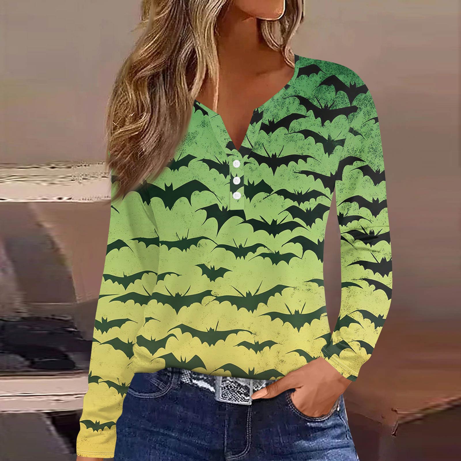 

Жен. Футболка Футболка на пуговицах с длинным рукавом Повседневные Выходные Мода Классический Топ с v-образным вырезом Обычный S зелёный