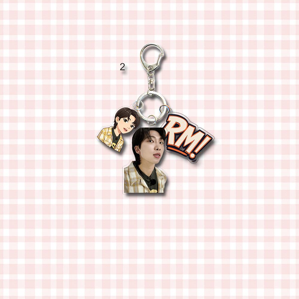 BTS 3-in-1 Acrylic Keychain, Bangtan Boys Real Photo + Cartoon Figure + Colorful Name Tag Triple Charm Keyring, Kpop ARMY Fans Bag Pendant