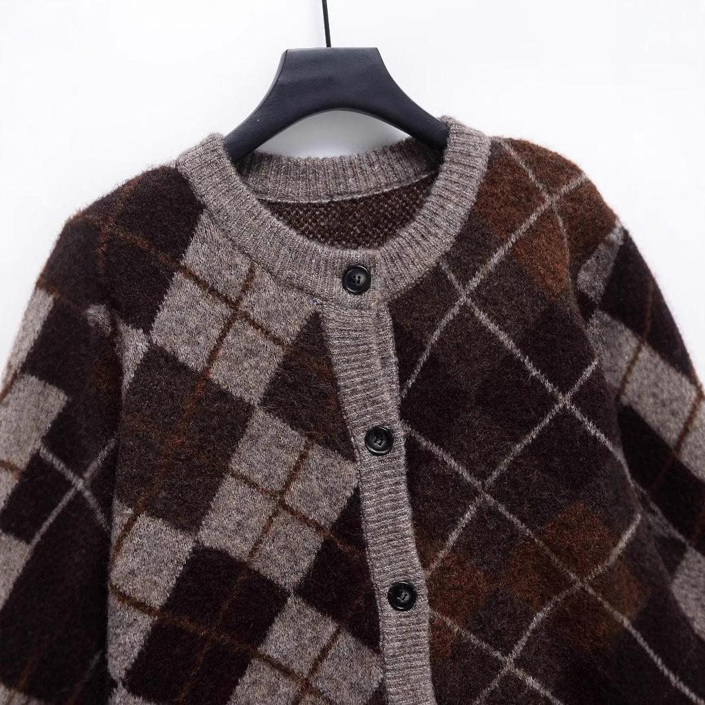 Cárdigan de punto diamante Otoño/Invierno 2024 para mujer europea y americana 9665