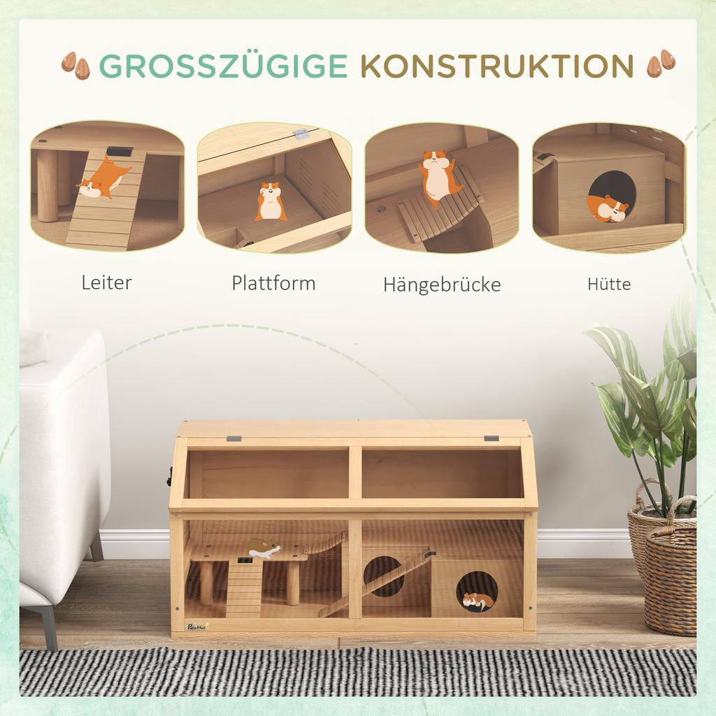 Hamster Cage, Wooden Small Animal Cage for Gerbils, Mice W/ Suspension Bridge, Openable Top, Hut, 85 X 45 X 44cm Nature
