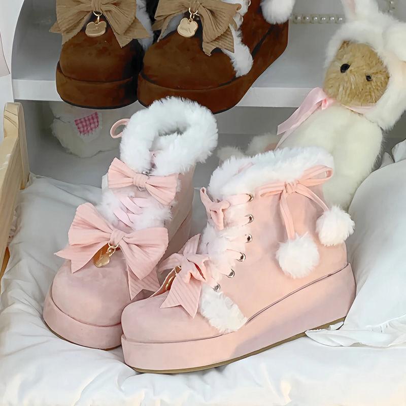Lovely Girls Lolita Winter Warm Snow Boots,Students Sweet Plush Bowknots PU Leather Lace Up Heightening Mid-Calf Platform Shoes