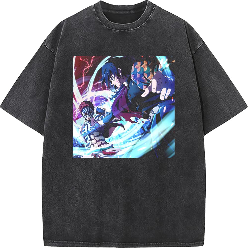 Tomioka Giyuu Akaza Anime Clothing Demon Slayer Cotton Tee Men Women Retro Washed T-shirts Casual T Shirt Harajuku Male Tshirt