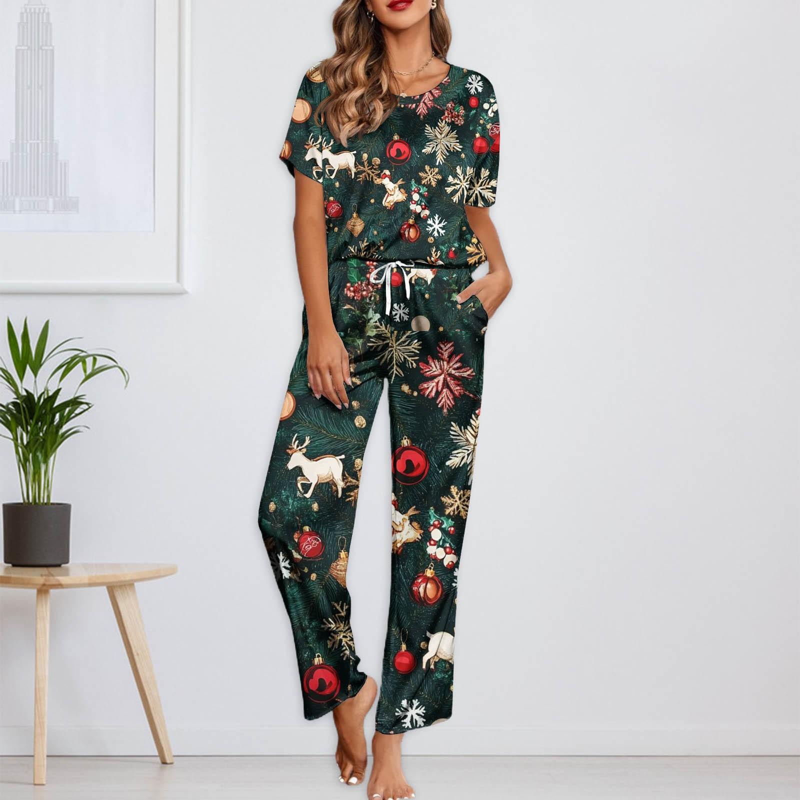 

Женский шелковый атласный пижамный комплект с рождественским принтом, рубашка с коротким рукавом и длинные пижамные штаны, мягкая домашняя одежда L зелёный