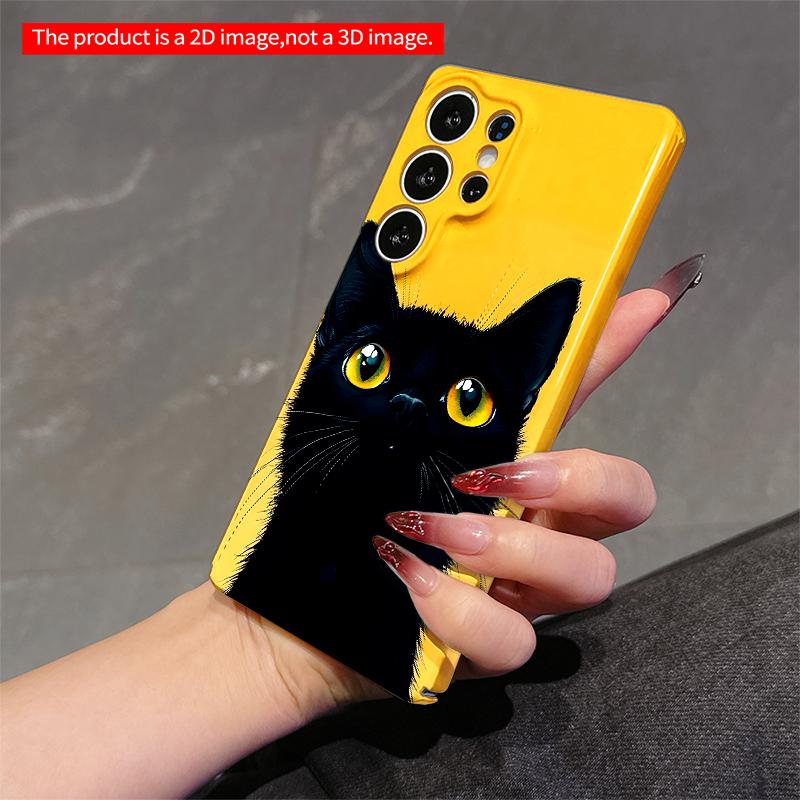 2DFlat Samsung phone case Black Cat with Golden Eyes on Yellow Background Applicable to Galaxy S23 S24 S25ULTRA S26 A12 A14 A15 A16 A54 A55