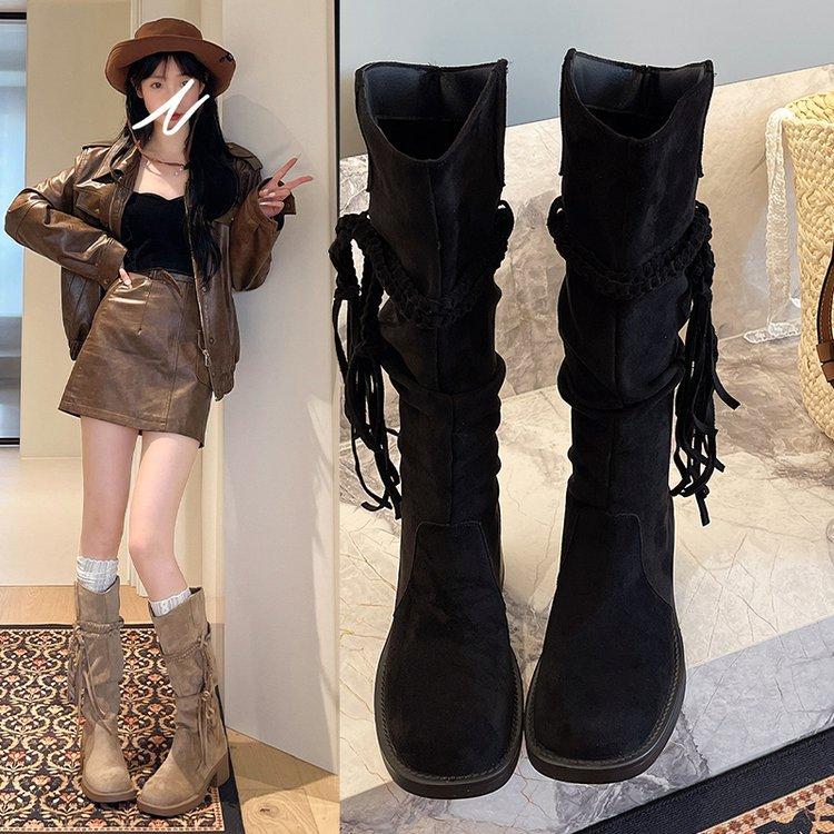 Sweet dream Cheng fat mm thick legs big tube circumference brown fringed knight boots high heels but knee long tube suede piled boots