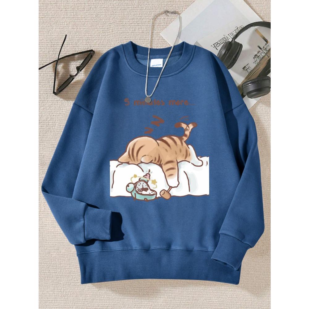 

The Cat That Always Wants To Sleep Pattern Printed Hooded Women Simple Warm Autumn Sweatshirt Street Casual Pullovers S