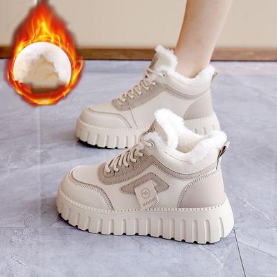 Tênis femininos de cano alto acolchoados e quentes para inverno, sapatos de caminhada com plataforma de fundo grosso e cadarço