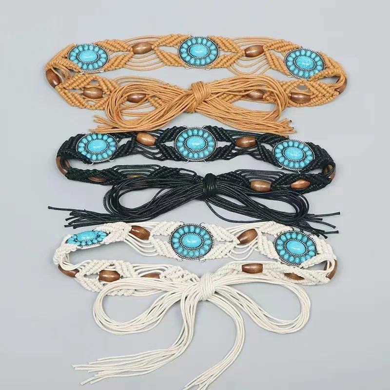 Ethnic Bohemian Leather Waist Rope With Turquoise Resin Beads For Women