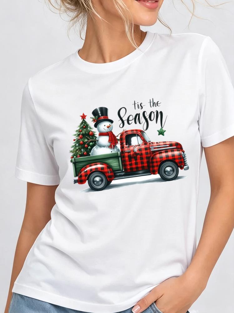 (Asian Size) Tree Printing Christmas New Year Clothing T Shirt Women Fashion Festival Tee Top Print Female Woman Short Sleeve Graphic T-shirts