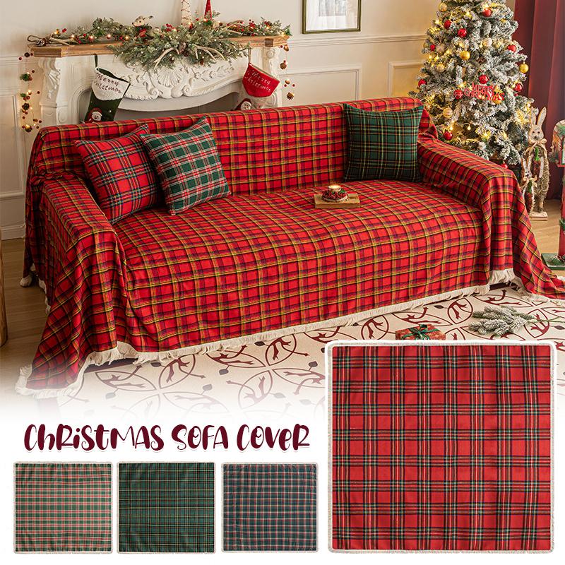 Retro Lattice Christmas Sofa Towel Sofa Cover Nordic Home Decor Tassel Sofa Blanket New Year Xmas Party Anti-Slip Slipcover