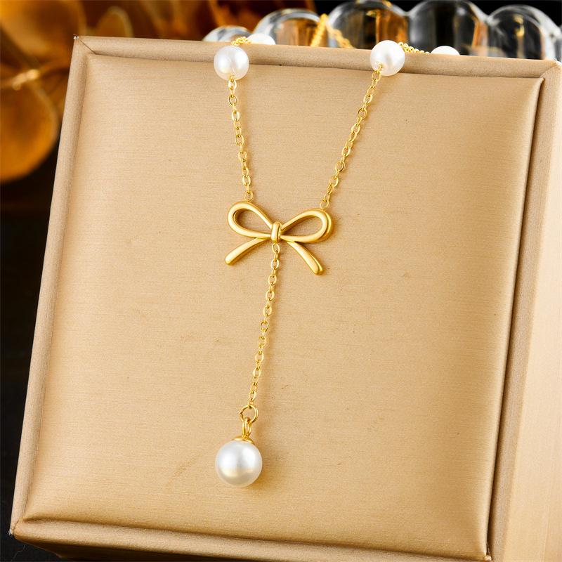 Elegant Golden Pearl Bow Stud Earrings with Chain Tassel Necklace Jewelry Set
