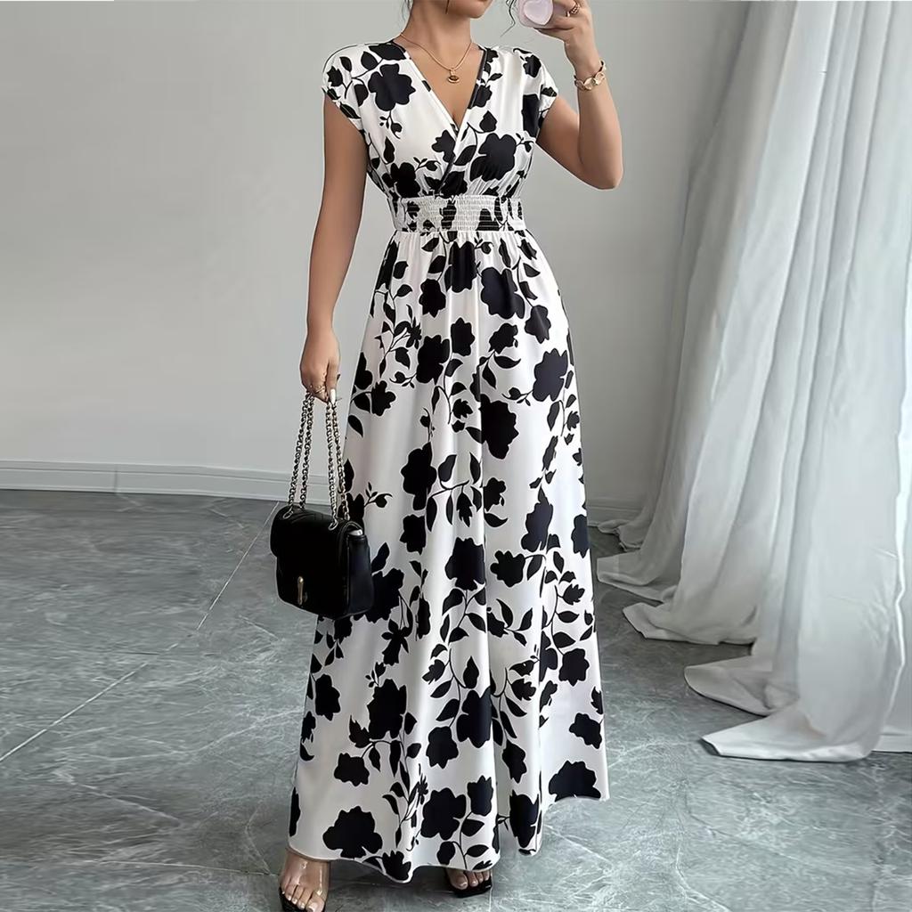 Women's Summer Fashionable Floral Print V-neck Long Dress, Summer Waist Cinching Dress