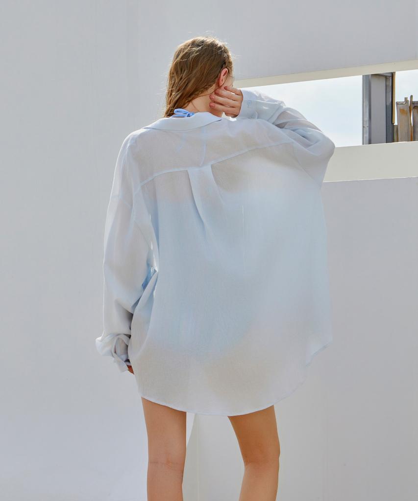 VIKINI VENDER Simple Loose Fit Long Sleeve Shirt Cover-Up - Blue