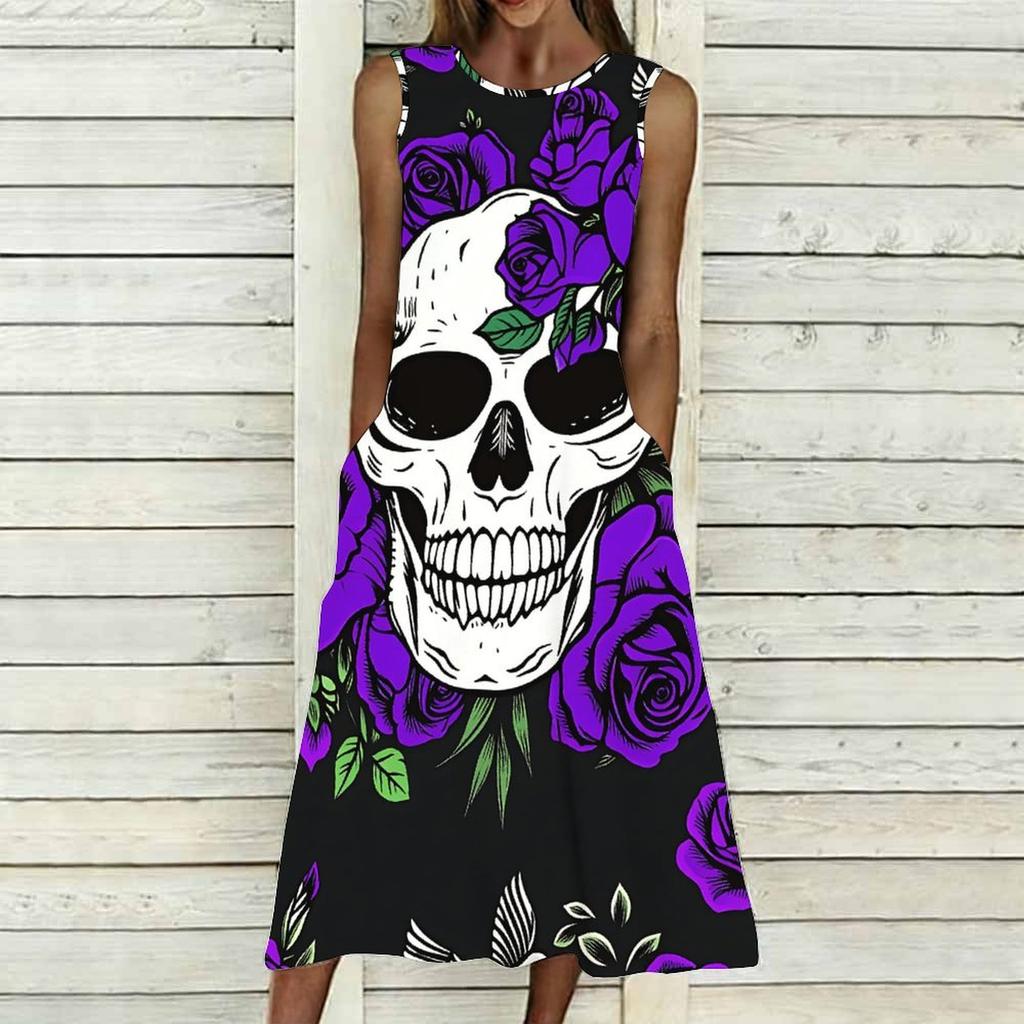 Women Plus Size Sleeveless Round Neck Dress Luxe Large Blossom Printed Flowy Calf Length Gown