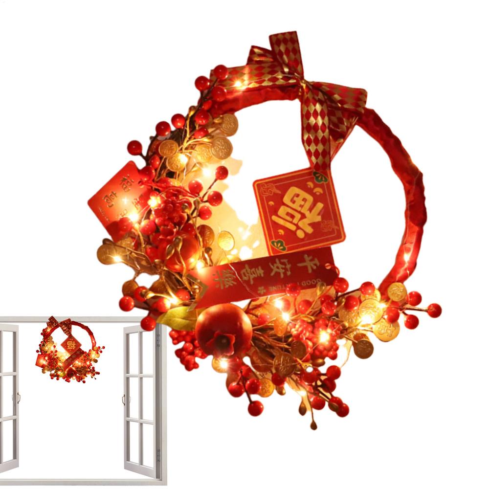 New Year Red Artificial Flower Ornament Good Luck Traditional Chinese Signs Front Door Wreath Artificial Wreath Built-in Led