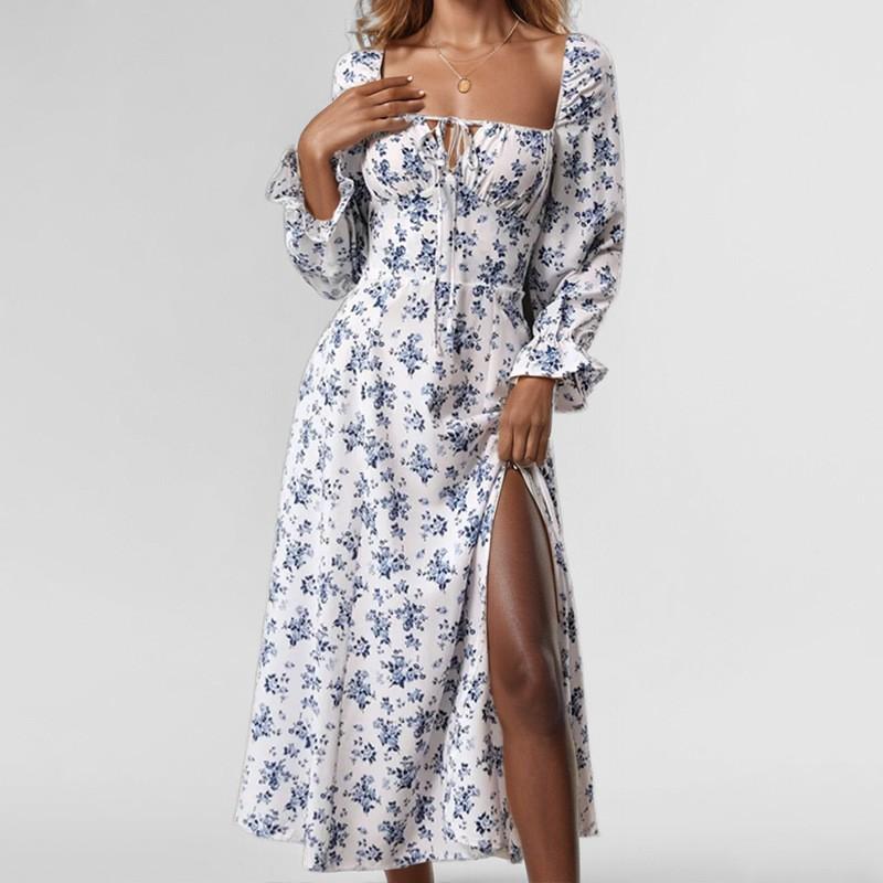 

Fashion Women s Casual V-Neck Printed Midi Skirt Elastic Waist Dress M белый