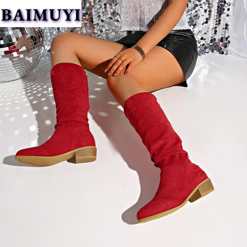 Dámské boty na středním podpatku s špičatou špičkou Kozačky do půli lýtek Trend 2025 Módní Ležérní Skládané Vysoké kozačky Nové Semišové Goth Lodičky Mujer Botas