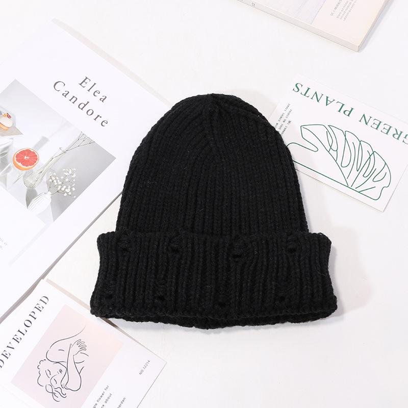 Hats for Men and Women  Solid Color Ripped Woolen Hats Japanese All Match Knitted Hats Autumn and Winter Warm Pointed Pullover Cold Hats