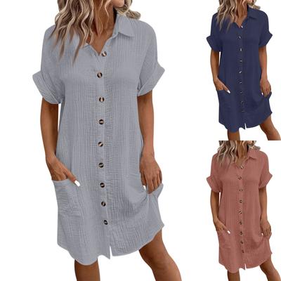 Fashion Women's Summer Casual Short Sleeve V-Neck Button Dress