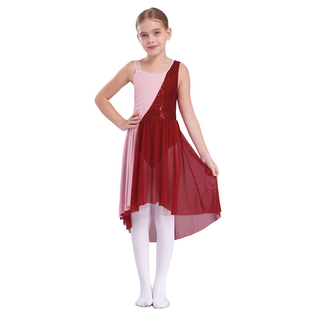 Girls Sparkly Sequin Dress Contrast Color Design Sleeveless Round Neckline Irregular Hem Stage Performance Outfit