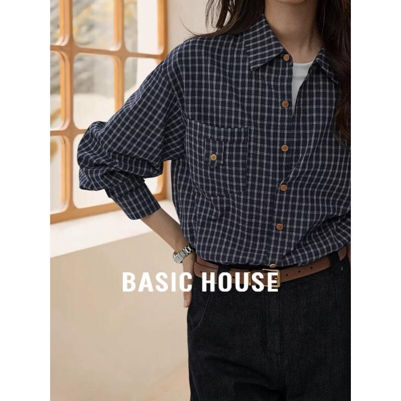 Basic House Women s Plaid Long-Sleeve Shirt L