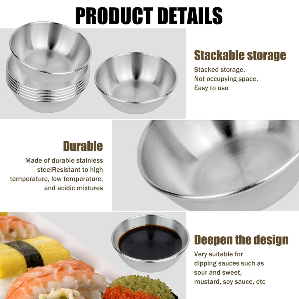 8 PCS Stainless Steel Mini Sauce Dish, Small Individual Round Seasoning Bowls, Dipping Sauce Bowl, Ingredient Bowls for Prep Appetizer Plates