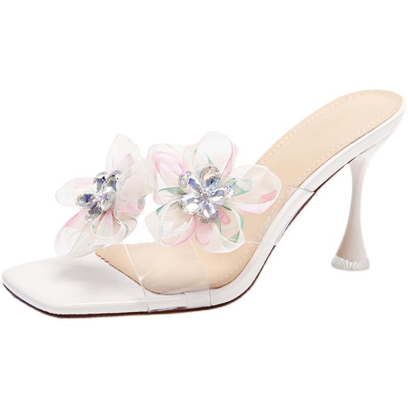 One-word High-heeled Sandals 2025 New Summer Versatile Stiletto Transparent Square Head Open-toed Slippers Women's Shoes