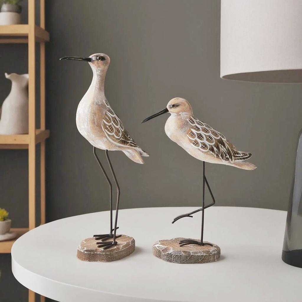 2pcs Wooden Seagull Statues – Nautical Coastal Bird Figurines for Beach Home Decor