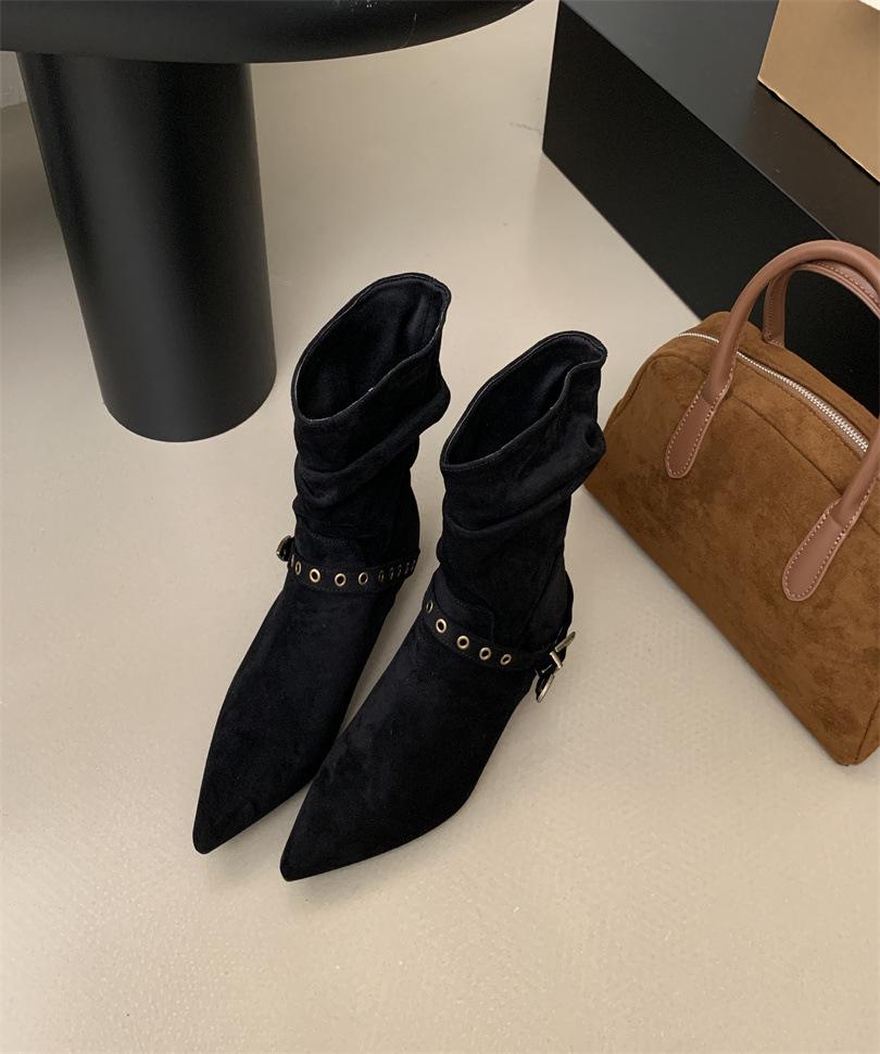 2025 autumn European and American pointed tall tube thin belt buckle knee knight boots western spice girl knight boots