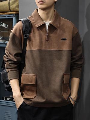 Men's Autumn Retro Lapel Hoodie - Trendy Loose-Fit Casual Knit Top, Long Sleeve Polo Style.
