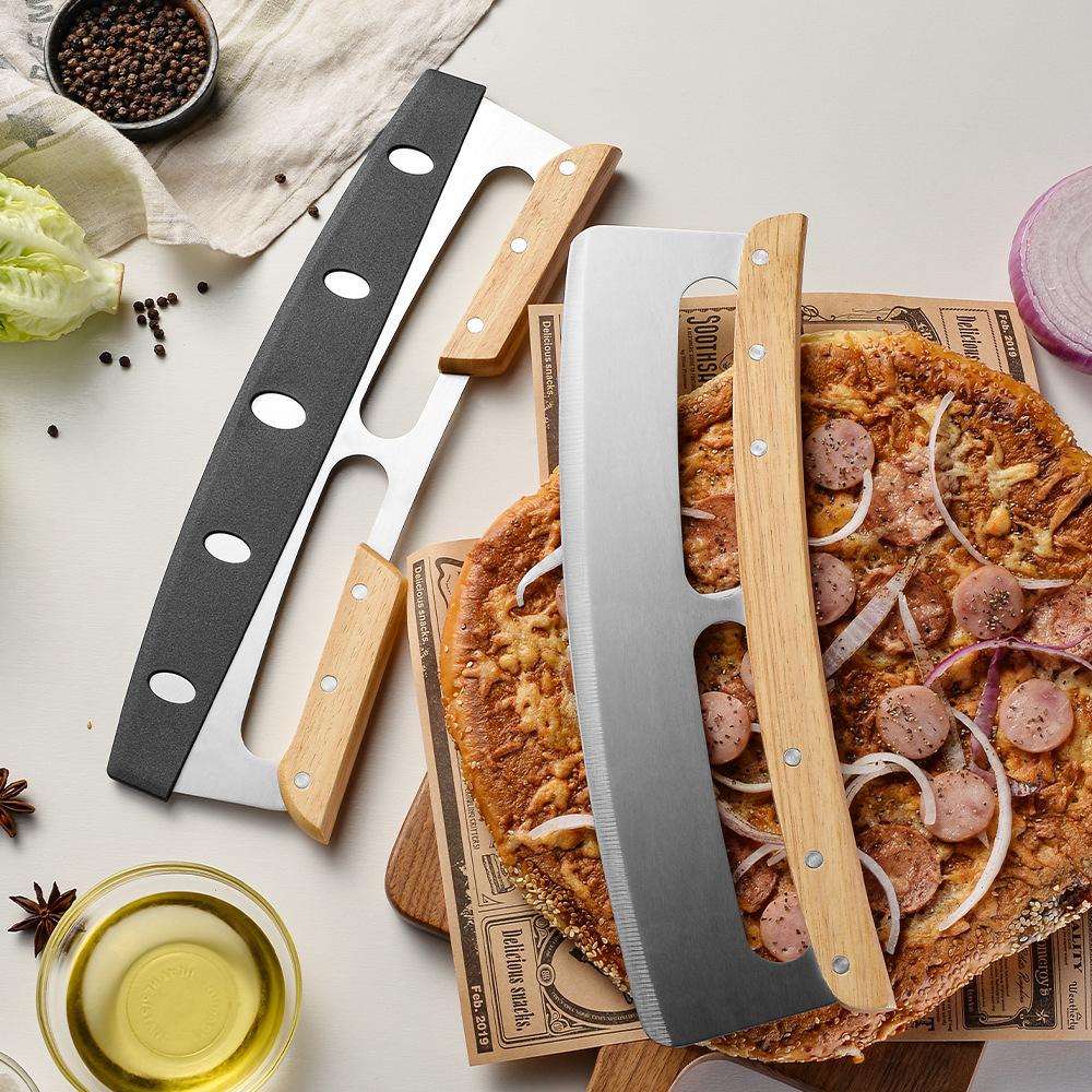 Stainless Steel Pizza Cutter Double Handed Pizza Knife with Safety Knife Sheath Wooden Handle Apple Pie Dispenser Dough Cutter