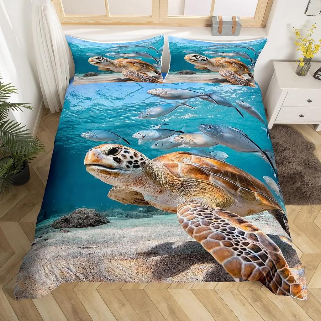 Turtle Bedding Set Nautical Coastal Duvet Cover White Blue Sea Comforter Cover Reptile Tortoise Animal Polyester Quilt Cover